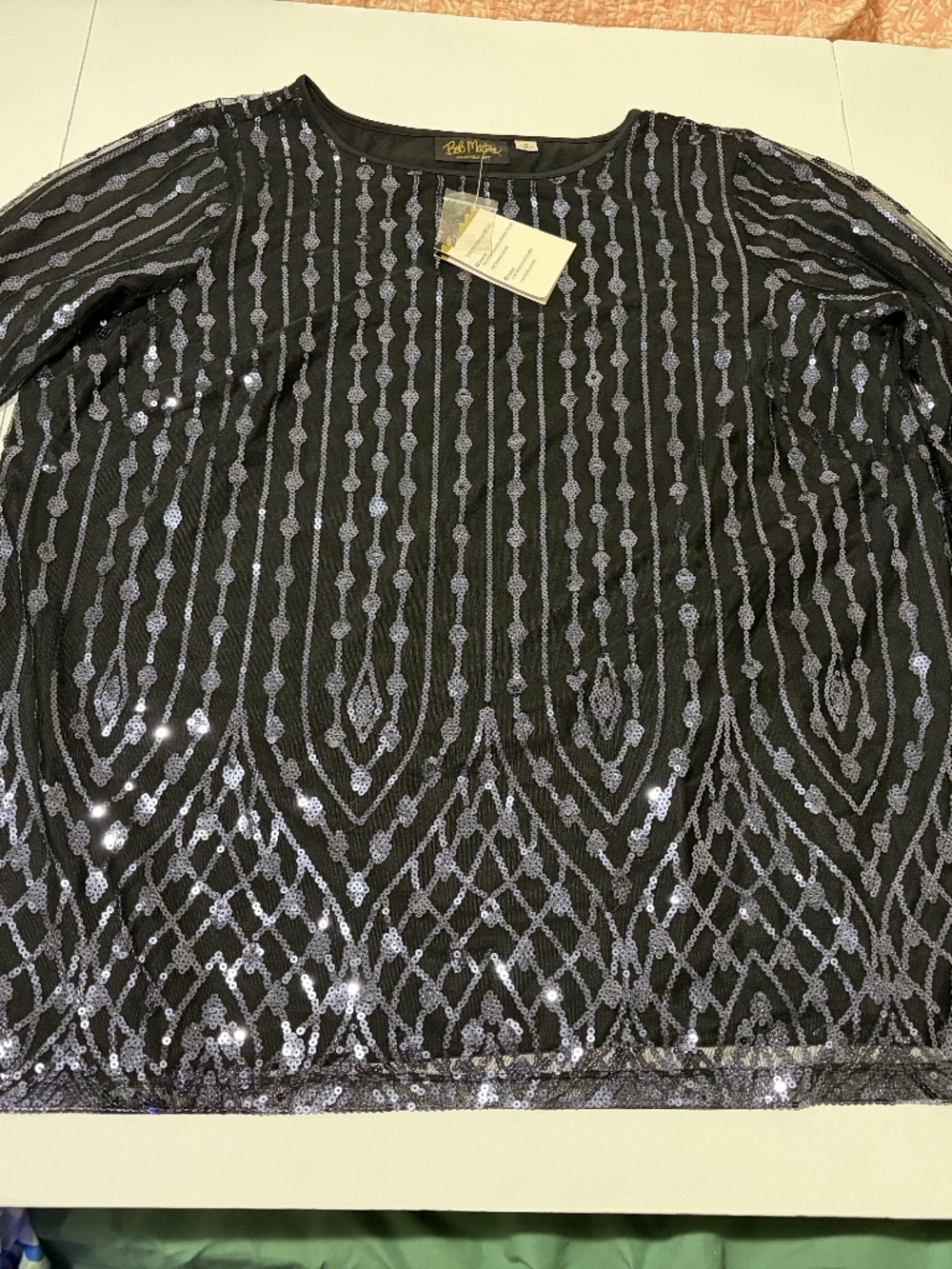 NWT Bob Mackie Wearable Art Sequin Mesh Top Black and Silver Size 1X